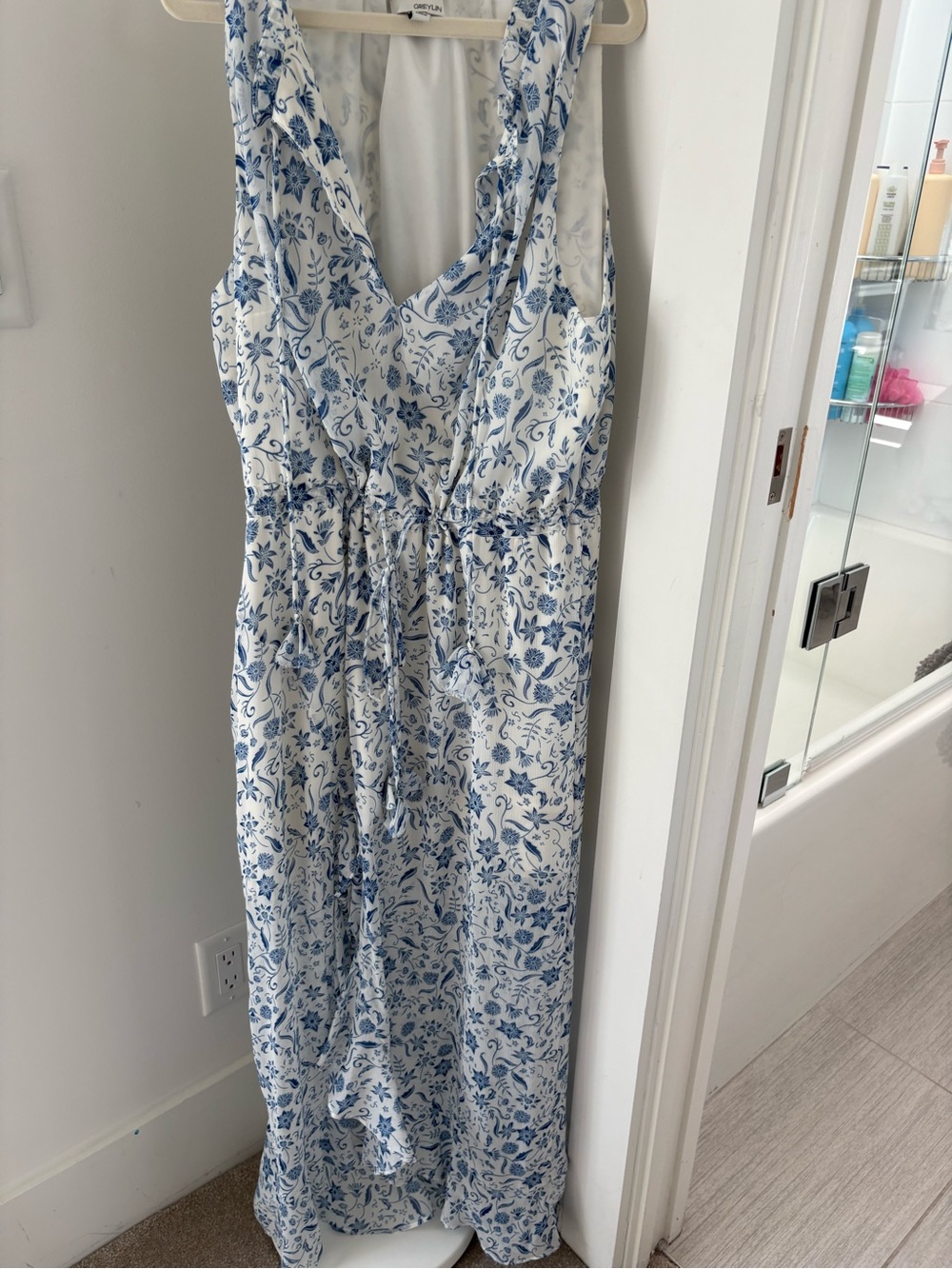 Greylin White Maxi Dress with Blue Floral Print